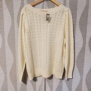 RW&Co Hairy Knit Pointelle Boat Neck Sweater, Size XL, Cream Whitr